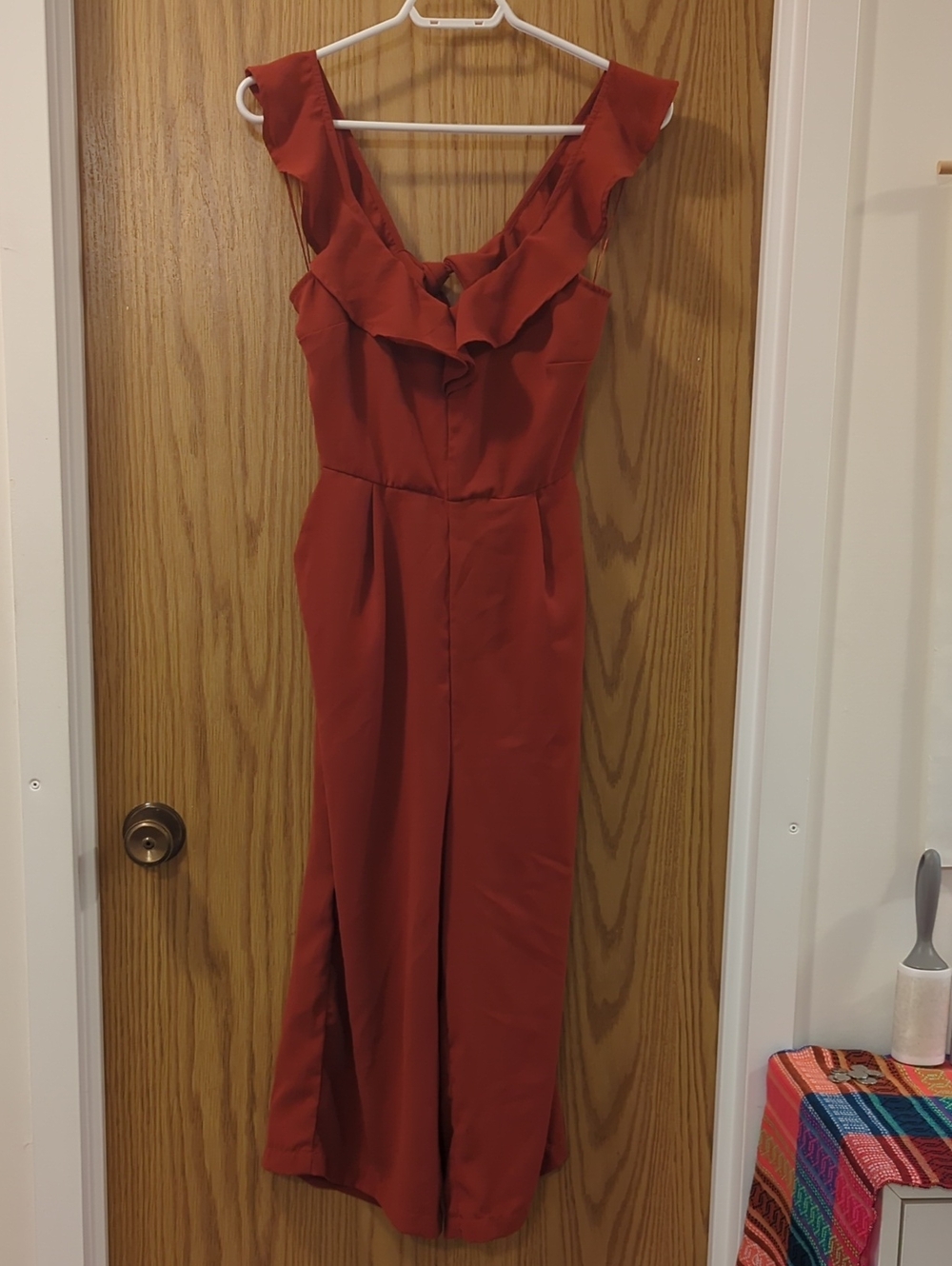 Rust Red Ruffled V-Neck Jumpsuit With Tieback